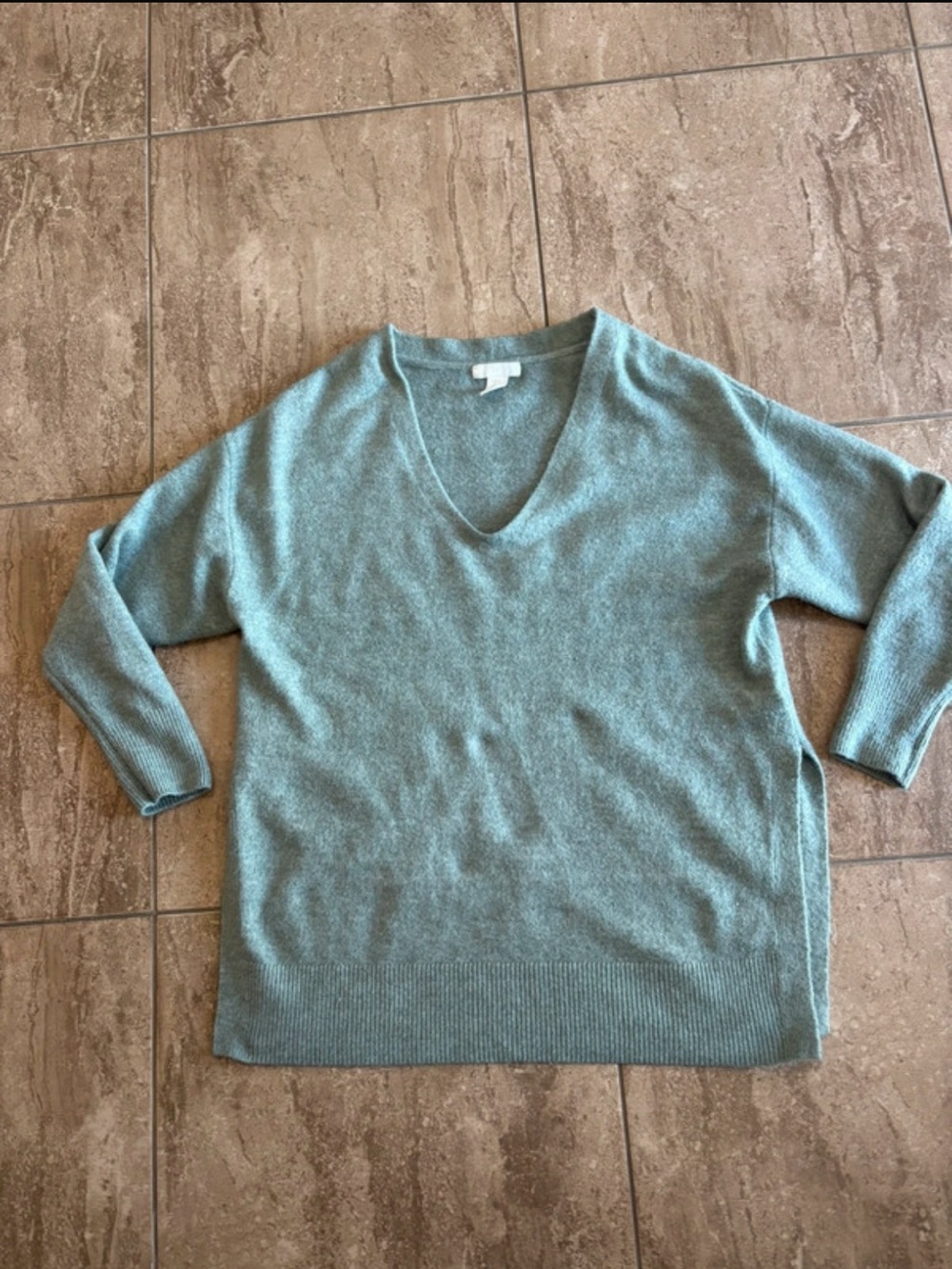 H&M sage green v-neck knit long sweater with side slits